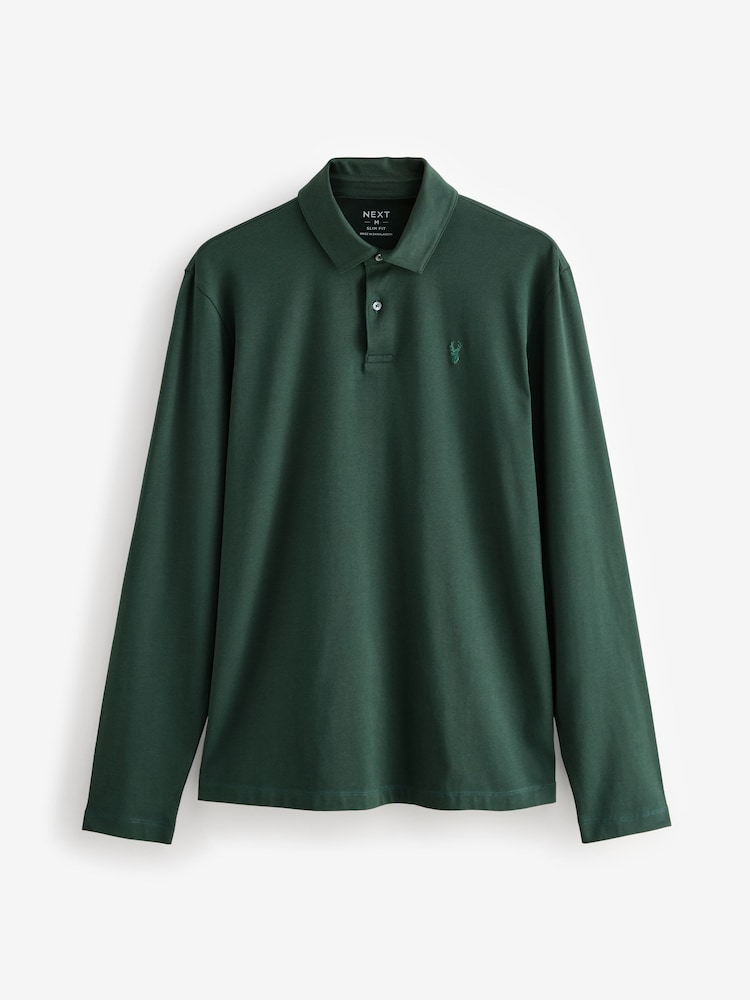 Blue/green/ecru Slim Fit Long Sleeve Jersey Polo Shirts 3 Pack - Image 8 of 12