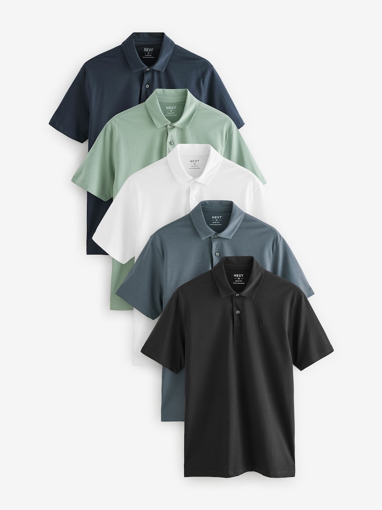 Azul marino/Negro/Gris/Blanco/Verde salvia - Corte slim - Pack de 5 polos de punto de manga corta - Imagen 1 de 17 Azul marino/Negro/Gris/Blanco/Verde salvia - Corte slim - Pack de 5 polos de punto de manga corta - Imagen 1 de 17
