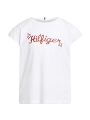 Tommy Hilfiger White Regular Fit Flower Glitter 100% Cotton T-Shirt - Image 1 of 3