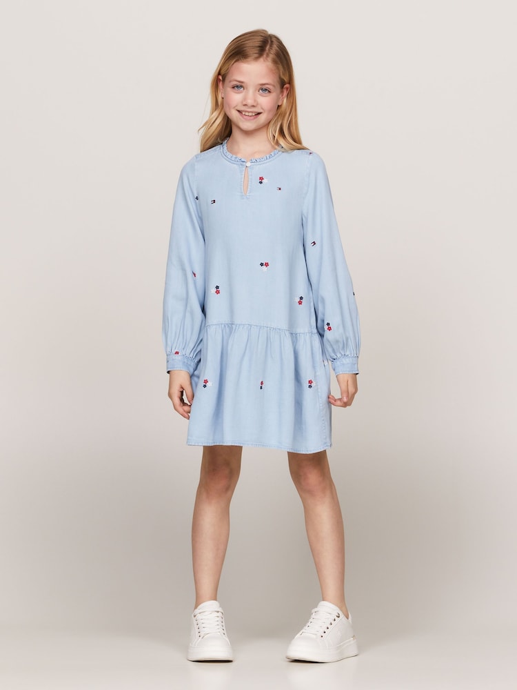 Tommy Hilfiger Blue Flower Print TENCEL™ Long Sleeved Dress - Image 1 of 4