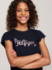 Tommy Hilfiger Blue Regular Fit Flower Glitter 100% Cotton T-Shirt - Image 3 of 6