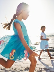 Boden Blue Seahorse Jersey 100% Cotton Tulle Appliqué Dress - Image 1 of 4