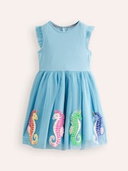 Boden Blue Seahorse Jersey 100% Cotton Tulle Appliqué Dress - Image 2 of 4