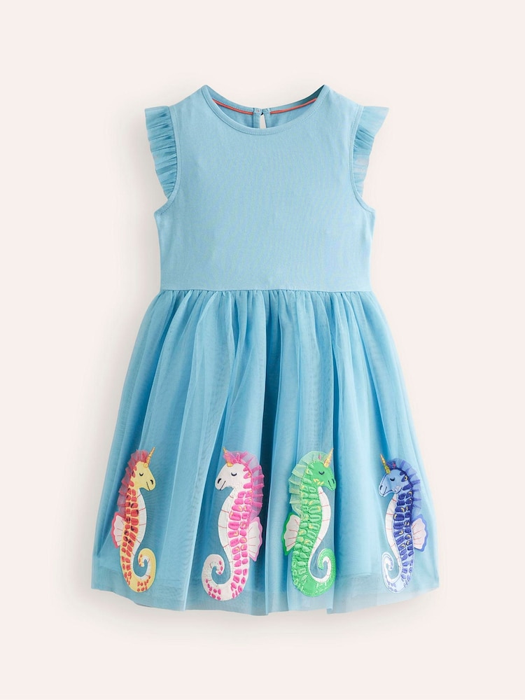 Boden Blue Seahorse Jersey 100% Cotton Tulle Appliqué Dress - Image 2 of 4
