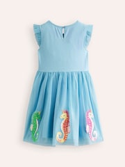 Boden Blue Seahorse Jersey 100% Cotton Tulle Appliqué Dress - Image 3 of 4