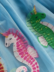 Boden Blue Seahorse Jersey 100% Cotton Tulle Appliqué Dress - Image 4 of 4