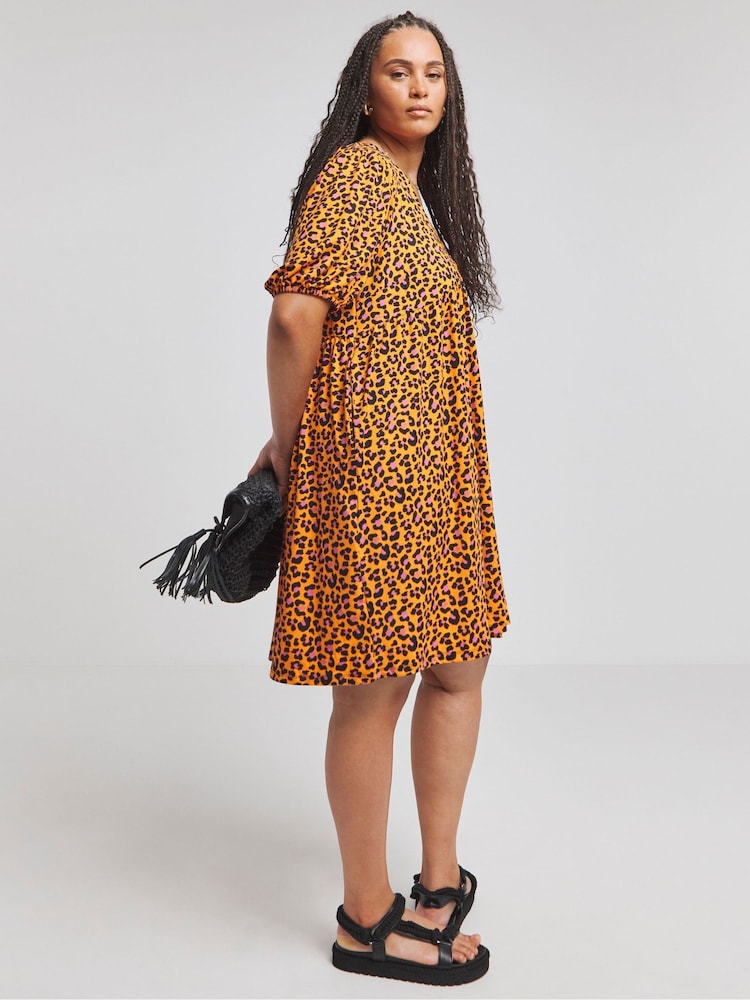 Simply Be Orange Supersoft Leopard Print Smock Dress - Image 1 of 4