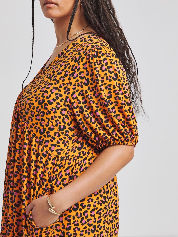 Simply Be Orange Supersoft Leopard Print Smock Dress - Image 4 of 4