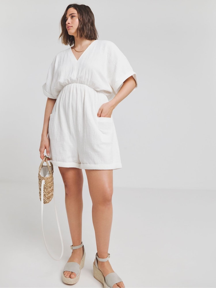 Simply Be White Cheesecloth 100% Cotton Playsuit - Image 1 of 4 Simply Be White Cheesecloth 100% Cotton Playsuit - Image 1 of 4