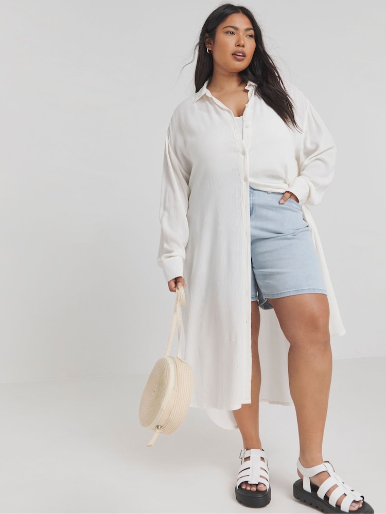 Simply Be White Longline Crinkle Shirt - Image 1 of 3 Simply Be White Longline Crinkle Shirt - Image 1 of 3