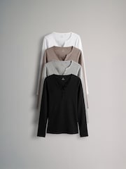 The Set Black/White/Light Grey/Taupe Brown 4 Pack Ribbed Henley Long Sleeve T-Shirts - Image 1 of 9