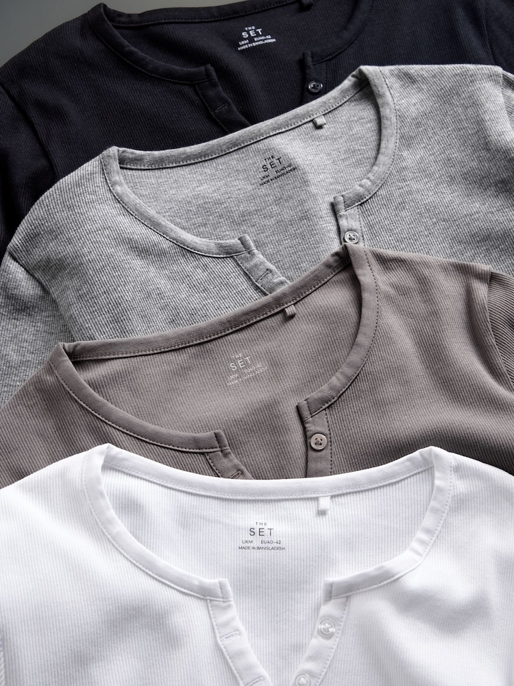 The Set Black/White/Light Grey/Taupe Brown 4 Pack Ribbed Henley Long Sleeve T-Shirts - Image 3 of 9