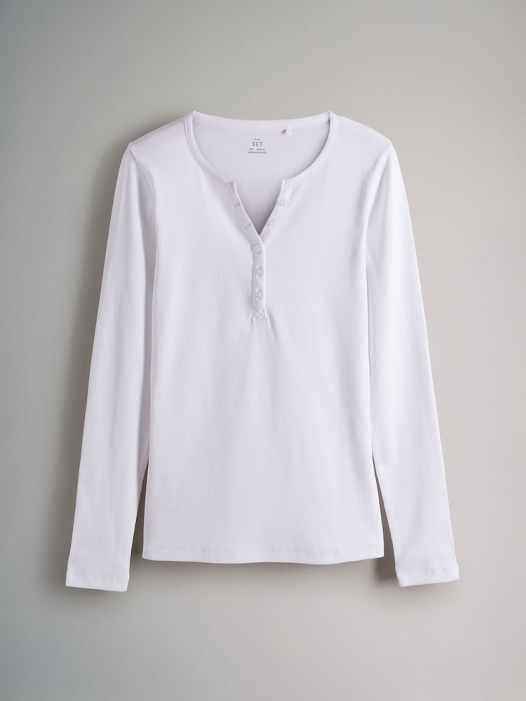The Set Black/White/Light Grey/Taupe Brown 4 Pack Ribbed Henley Long Sleeve T-Shirts - Image 6 of 9