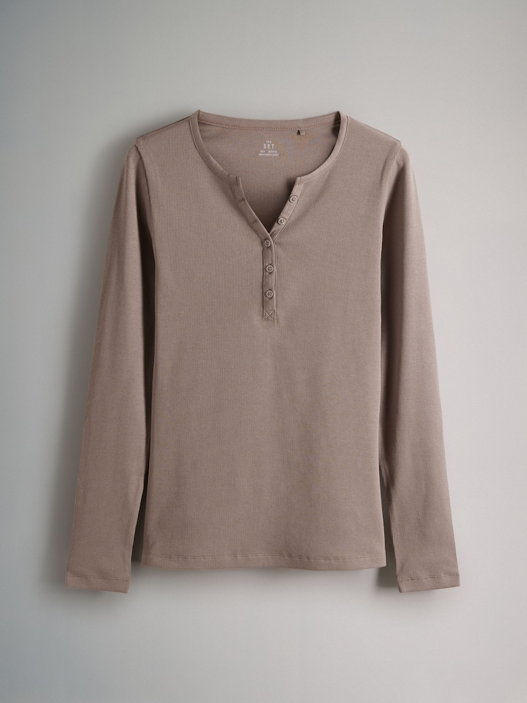 The Set Black/White/Light Grey/Taupe Brown 4 Pack Ribbed Henley Long Sleeve T-Shirts - Image 7 of 9