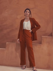 Marron rouille - Pantalon large à dos élastique avec lin - Image 1 de 7