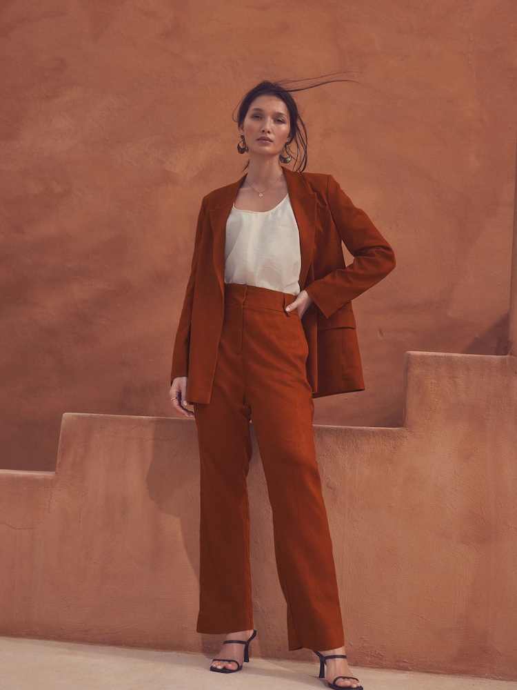 Marron rouille - Pantalon large à dos élastique avec lin - Image 1 of 7