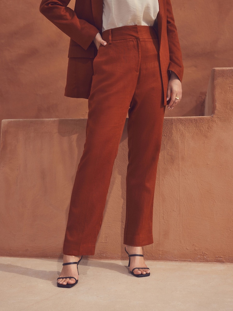 Marron rouille - Pantalon large à dos élastique avec lin - Image 2 of 7