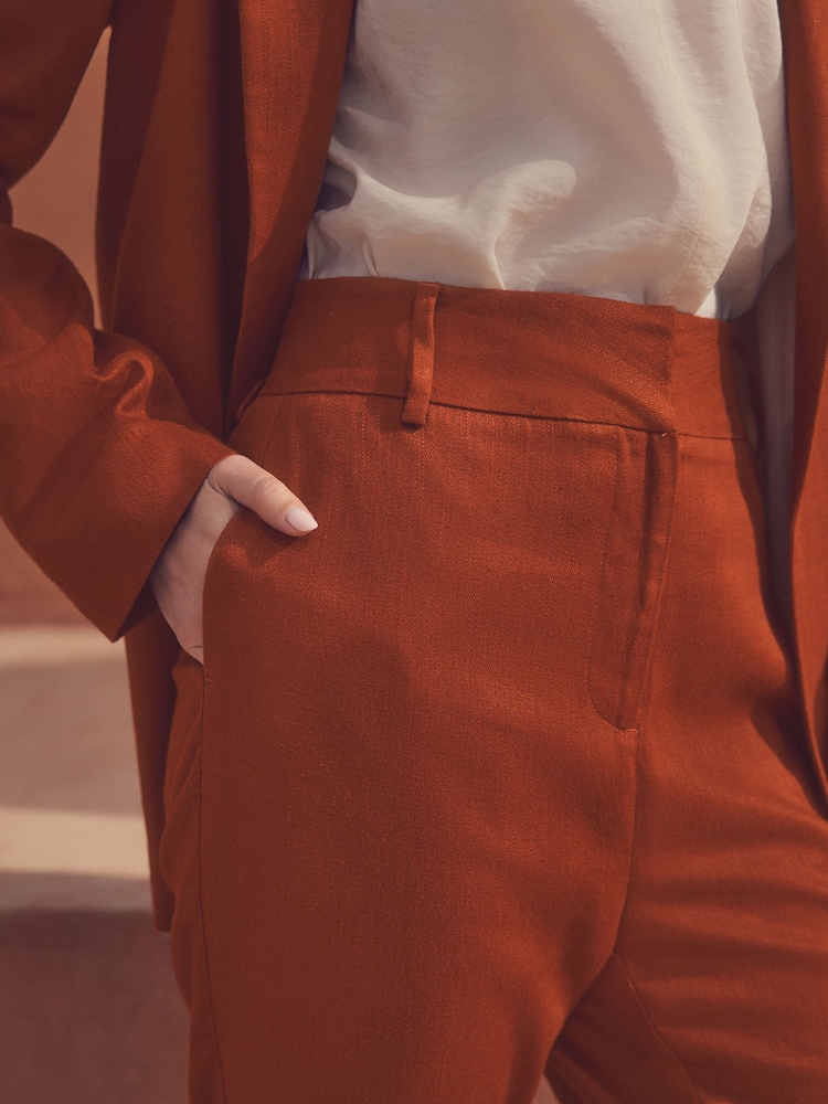 Marron rouille - Pantalon large à dos élastique avec lin - Image 4 of 7
