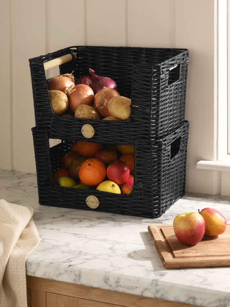 Set of 2 Black Plastic Wicker Kitchen Storage Baskets - Image 2 of 6 Set of 2 Black Plastic Wicker Kitchen Storage Baskets - Image 2 of 6