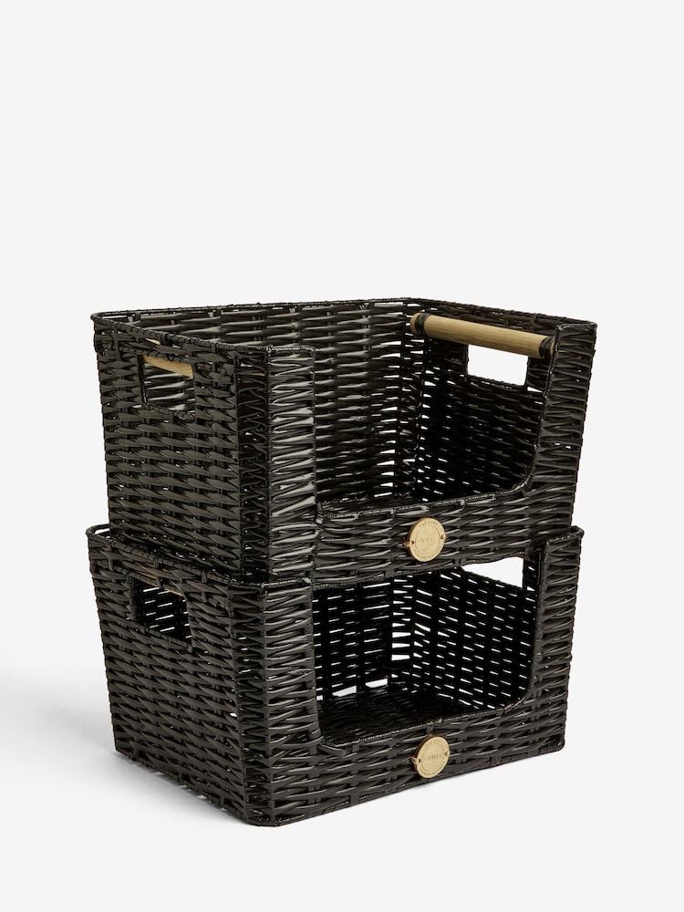 Set of 2 Black Plastic Wicker Kitchen Storage Baskets - Image 5 of 6