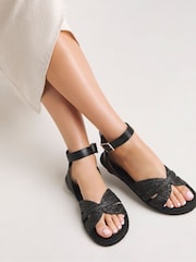 Simply Be Black Raffia Two Part Flat Sandals in Extra Wide Fit - Image 1 of 4