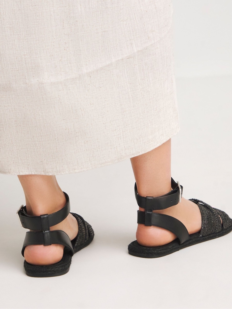 Simply Be Black Raffia Two Part Flat Sandals in Extra Wide Fit - Image 2 of 4