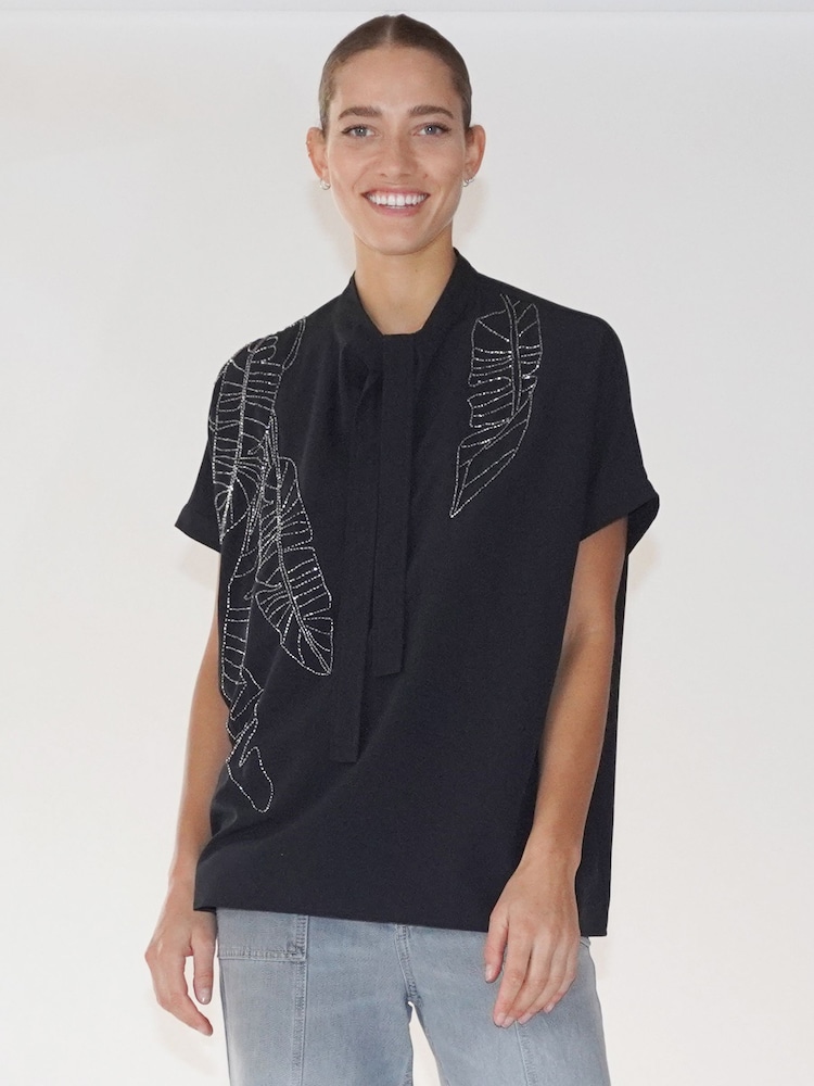 Religion Black Oversized Sensation Blouse With Gunmetal Beaded Motif - Image 1 of 6