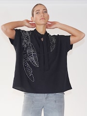 Religion Black Oversized Sensation Blouse With Gunmetal Beaded Motif - Image 4 of 6