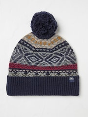 FatFace Navy Textured Fairisle Pattern Bobble Hat - Image 1 of 3