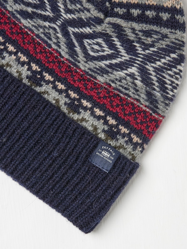 FatFace Navy Textured Fairisle Pattern Bobble Hat - Image 3 of 3