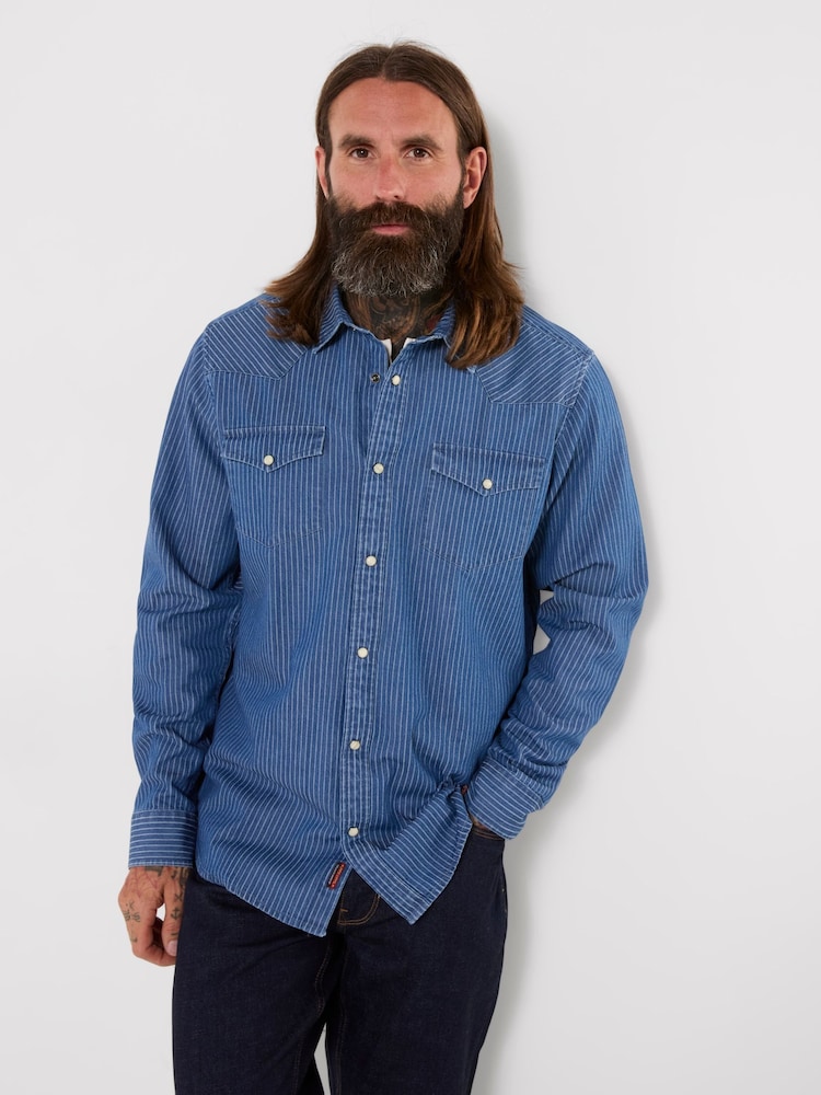 Joe Browns Blue Yardline Stripe Denim Shirt - Image 1 of 6 Joe Browns Blue Yardline Stripe Denim Shirt - Image 1 of 6