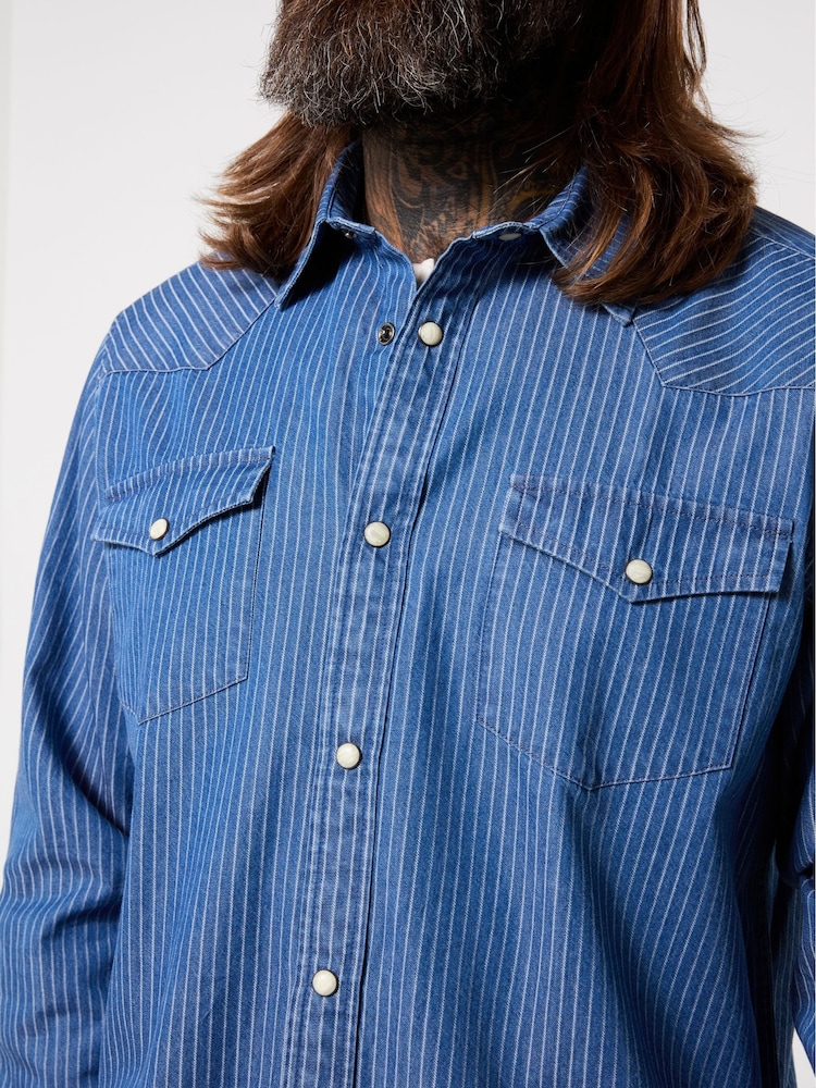 Joe Browns Blue Yardline Stripe Denim Shirt - Image 2 of 6 Joe Browns Blue Yardline Stripe Denim Shirt - Image 2 of 6