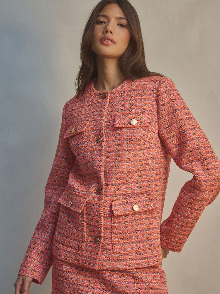 Roze/oranje - Kraagloze bouclé jas met textuur - Image 1 of 9