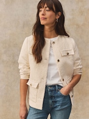 Cream Collarless Textured Boucle Jacket - Image 1 of 8