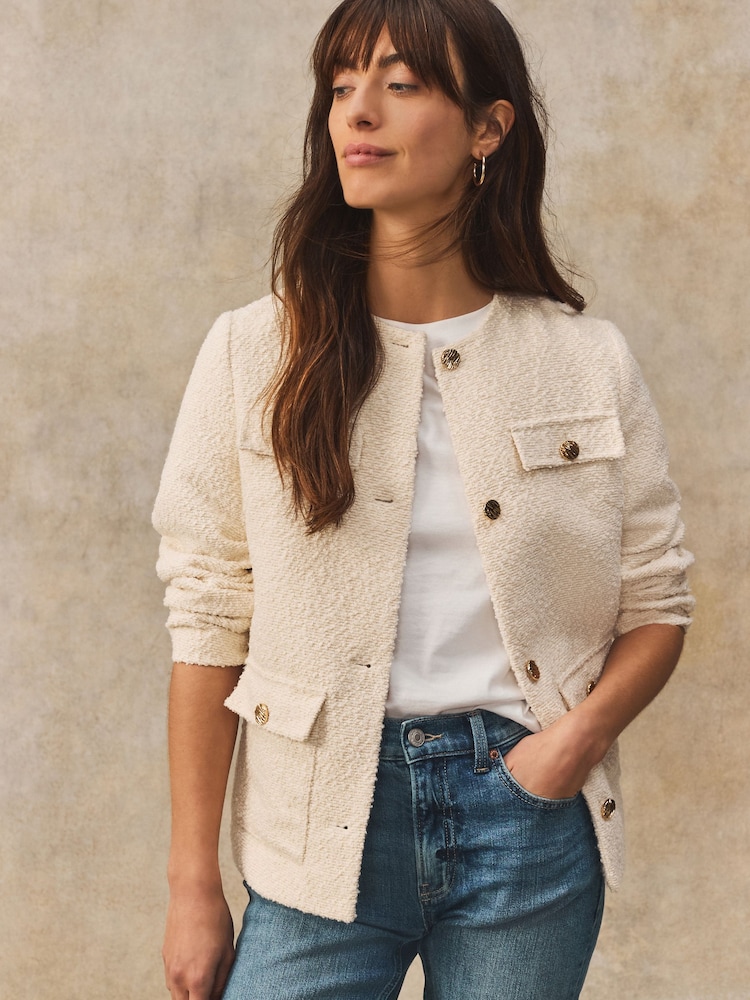 Cream Collarless Textured Boucle Jacket - Image 1 of 8