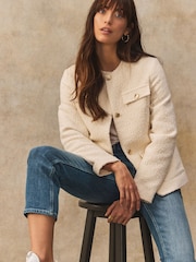 Cream Collarless Textured Boucle Jacket - Image 4 of 8
