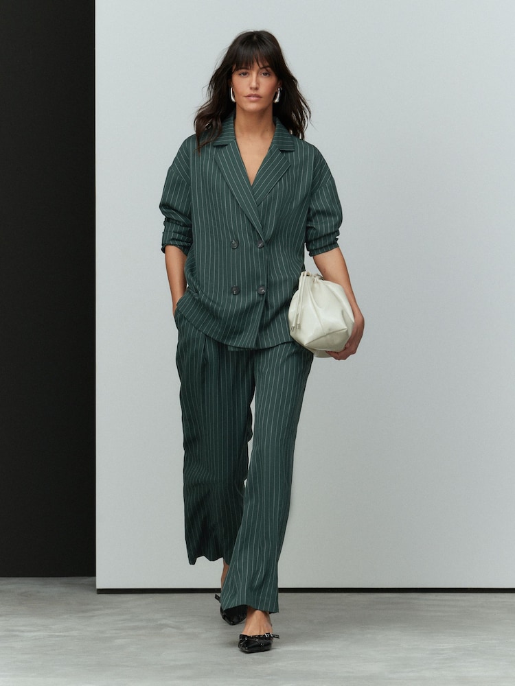 Green Stripe Elasticated Back Wide Leg Trousers - Image 1 of 7 Green Stripe Elasticated Back Wide Leg Trousers - Image 1 of 7