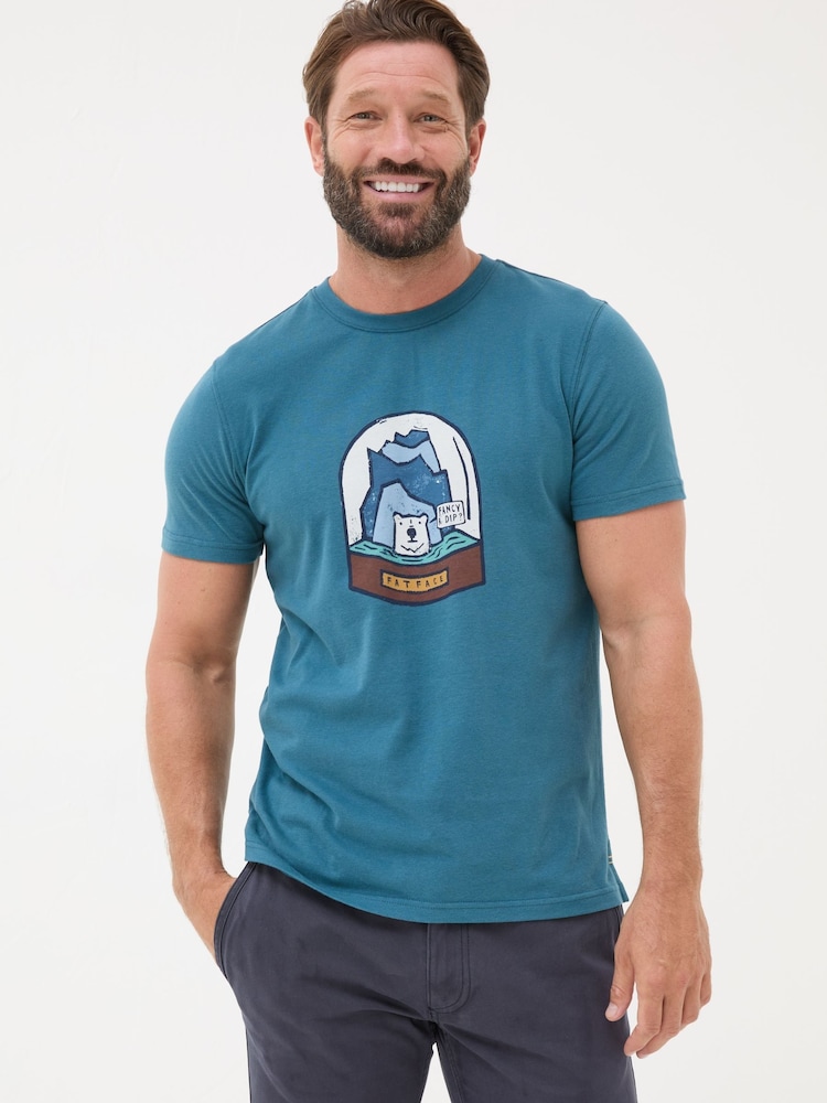 FatFace Teal Blue 100% Cotton Bear Snow Globe T-Shirt - Image 1 of 6