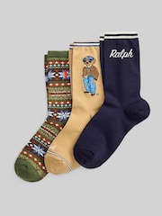Polo Ralph Lauren Brown Bear Crew Socks 3 Pack - Image 1 of 2