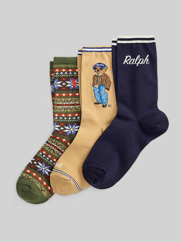 Polo Ralph Lauren Brown Bear Crew Socks 3 Pack - Image 1 of 2 Polo Ralph Lauren Brown Bear Crew Socks 3 Pack - Image 1 of 2