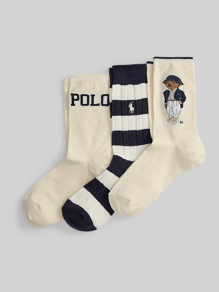 Polo Ralph Lauren White Bear Crew Socks 3 Pack - Image 1 of 1 Polo Ralph Lauren White Bear Crew Socks 3 Pack - Image 1 of 1