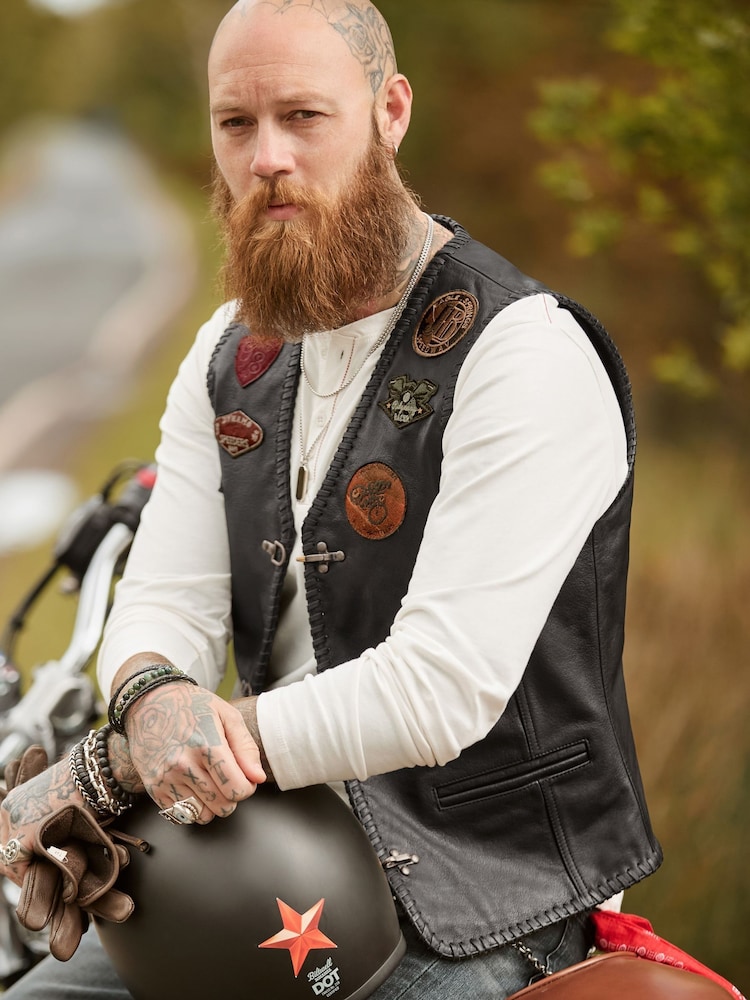 Joe Browns Black Badged Up Leather Waistcoat - Image 2 of 7 Joe Browns Black Badged Up Leather Waistcoat - Image 2 of 7