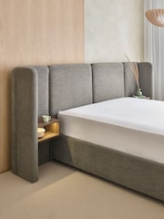 Soft Texture Dark Warm Grey Wynn Upholstered Ottoman Storage Hotel Bed Frame With Bedside Tables and Lights - Image 7 of 10