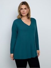 Live Unlimited Green Cotton Slub V-Neck Longline Top - Image 4 of 4