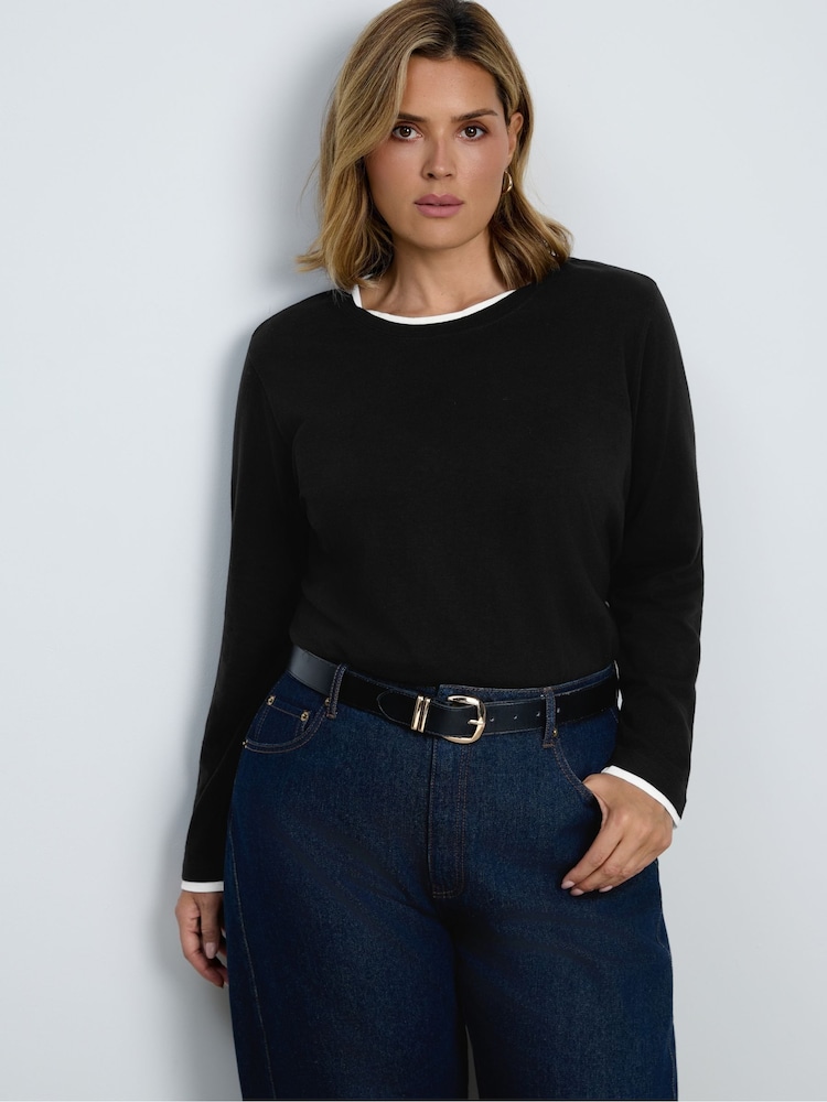 Live Unlimited Contrast Crew Neck Cotton Slub Long Sleeve Top - תמונה 6 מתוך 6 Live Unlimited Contrast Crew Neck Cotton Slub Long Sleeve Top - תמונה 6 מתוך 6
