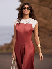 Mint Velvet Brown Lace Detail Midi Dress - Image 3 of 8