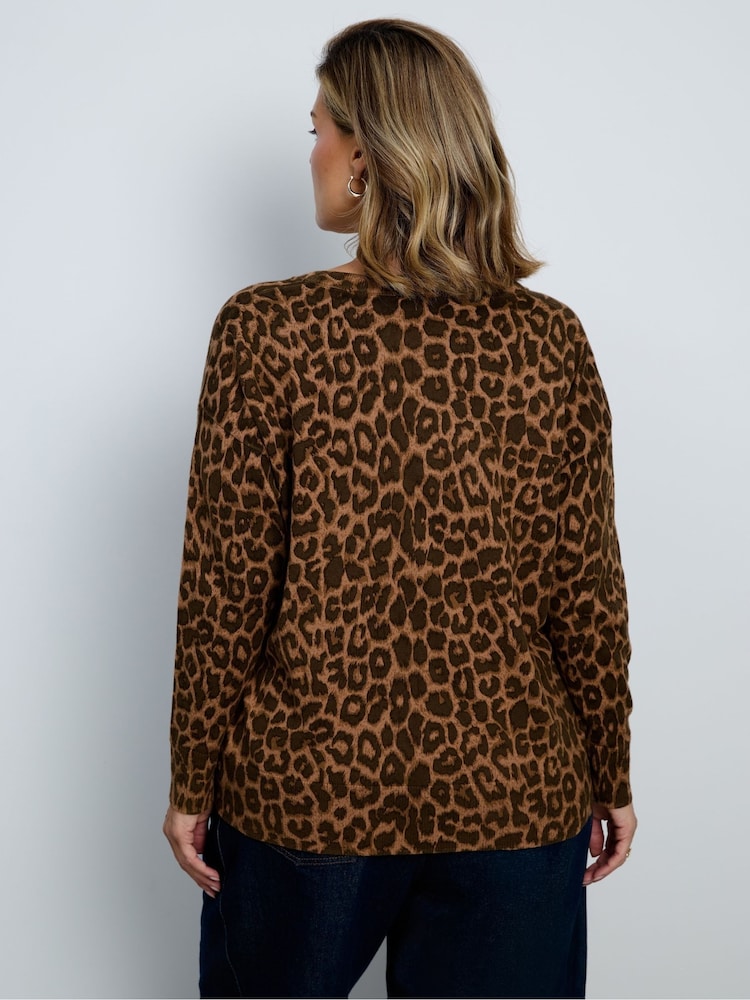 Live Unlimited Brown Leopard Print V-Neck Jumper - Image 2 of 5 Live Unlimited Brown Leopard Print V-Neck Jumper - Image 2 of 5