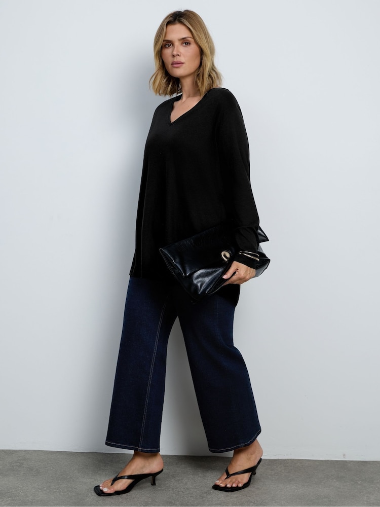 Live Unlimited Black Cotton Slub V-Neck Longline Top - Image 5 of 5