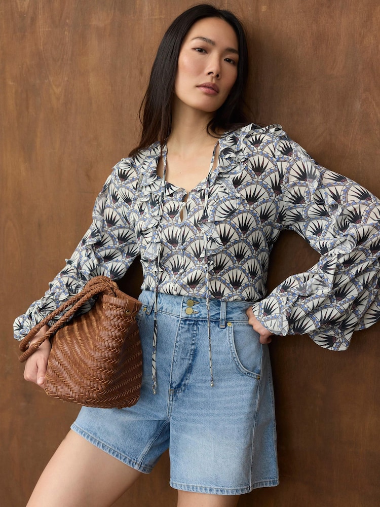 Mint Velvet Blue Geometric Print Neck Tie Ruffle Blouse - Image 1 of 7 Mint Velvet Blue Geometric Print Neck Tie Ruffle Blouse - Image 1 of 7
