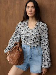 Mint Velvet Blue Geometric Print Neck Tie Ruffle Blouse - Image 2 of 7
